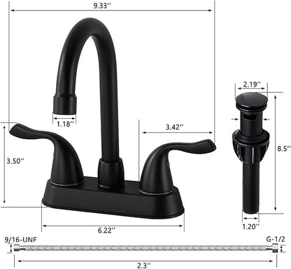 Matte Black 4-Inch Centerset Bathroom Faucet, 2-Handle 3-Hole Sink Faucet with Pop-up Drain & Supply Lines