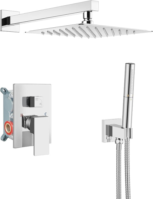 Aolemi Shower System with Rain Head and Handheld,10-Inch,Polish Chrome | High-Pressure Shower Faucet Set with Dual-Function Handheld,Rough-In Valve,1.8 GPM,Wall-Mount Trim Kit