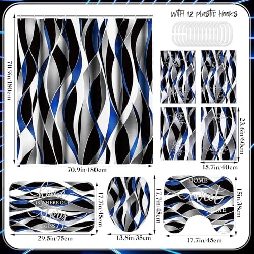 Honoson 8 Pcs Black Blue White Striped Shower Curtain Bathroom Set