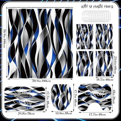 Honoson 8 Pcs Black Blue White Striped Shower Curtain Bathroom Set