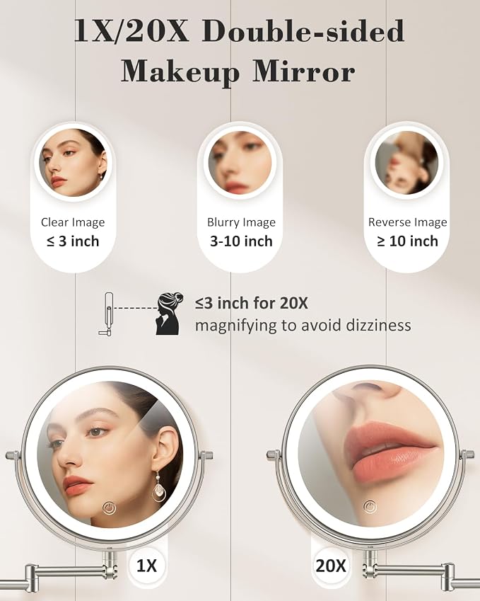 20X 9" Wall Mounted Magnifying Makeup Mirror with Light Height Adjustable | 5000mAh Double Sided Rechargeable LED Lighted Vanity Mirror with Magnification 3 Color Light up Extended Arm 360 Rotation