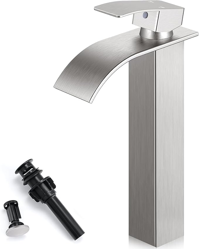 Nickel Bathroom Faucets, Tall Waterfall Bathroom Sink Faucet Modern Single Handle Bathroom Faucte 1 Hole, Tall Spout Vessel Faucet Mixer Tap Washbasin Faucet with Pop-up Drain, Supply Hoses