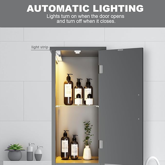 67" Tall Bathroom Storage Cabinet with Lights, Slim Narrow Bathroom Cabinet Organizer with Doors and Adjustable Shelves, Tall Cabinet for Small Space (66.9" Tall-Grey with Light)