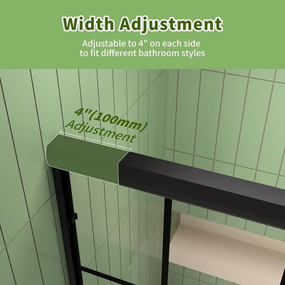 Semi-Frameless Double Sliding Shower Door, Grid Pattern Matte Black Finish | 56"-60" W x 72" H Shower Doors,6mm Clear SGCC Tempered Glass,Bypass Shower Enclosure Easy-Clean Nano Coating&Adjustable Width