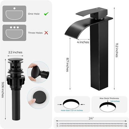 Black Bathroom Faucets, Tall Waterfall Bathroom Sink Faucet Modern Single Handle Bathroom Faucte 1 Hole, Tall Spout Vessel Faucet Mixer Tap Washbasin Faucet with Pop-up Drain, Supply Hoses