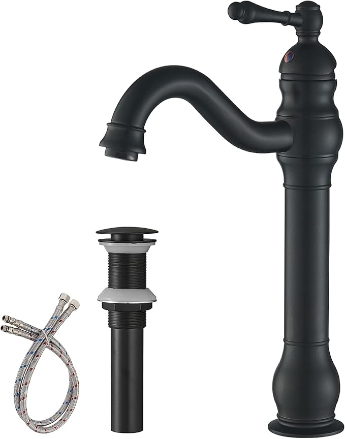 BWE 360° Swivel Bathroom Vessel Sink Faucet Matte Black Single Handle One Hole Lavatory Mixer Tap with Pop Up Drain Assembly Without Overflow and Supply Line Tap Body