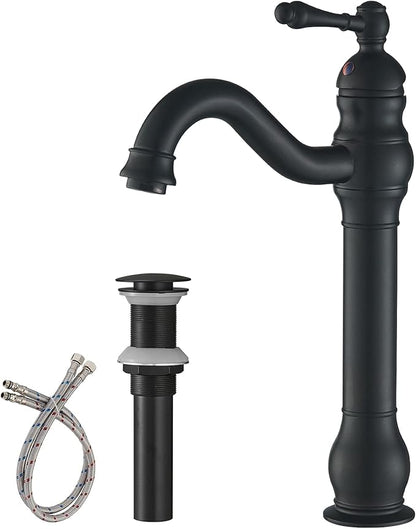 BWE 360° Swivel Bathroom Vessel Sink Faucet Matte Black Single Handle One Hole Lavatory Mixer Tap with Pop Up Drain Assembly Without Overflow and Supply Line Tap Body