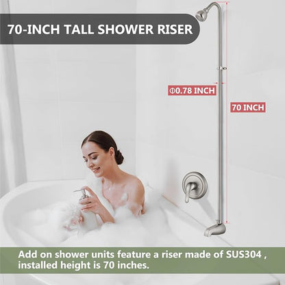 Tub Shower Conversion Kit with Riser and Shower Head, Brushed Nickel | 70-Inch SUS304 Shower Riser, 360° Swivel Head, Diverter Tub Spout, Wall Mount