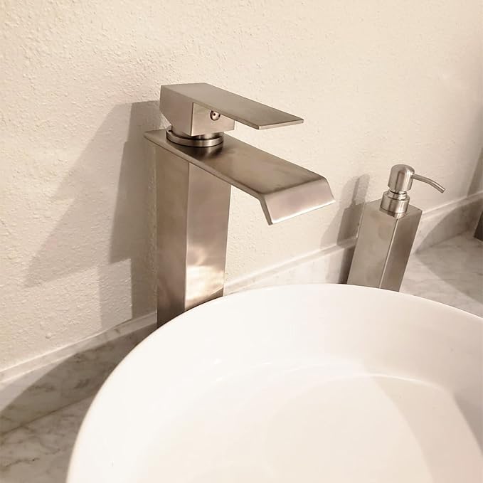 Bathroom Vessel Faucet Brushed Nickel One Hole Bowl of Sink Faucet Waterfall Tall Single Handle Bathroom Faucets with Drain Assembly Modern Vanity Lavatory Deck Mount Supply Lines Hose