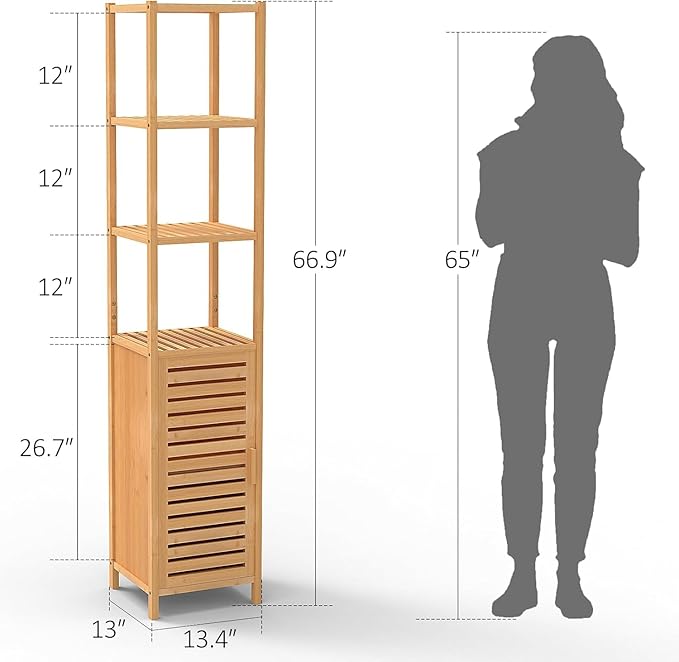 67" Tall Bathroom Cabinet，Linen Tower Cabinet with Single Door and 3 Tier Shelves，Bamboo Freestanding Cabinets Storage Organizer for Living Room, Bedroom, Kitchen