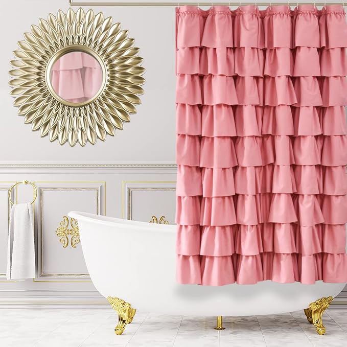 Pink Ruffle Shower Curtain for Bathroom, 72x72 inch, Ruffled Layered Fabric | Cascading Ruffle Tiers, Standard 72 X 72 Size, 7ft, Soft Microfiber Fabric, 12 Hooks Included, Machine Washable, Farmhouse