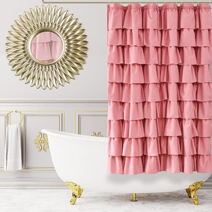 Pink Ruffle Shower Curtain for Bathroom, 72x72 inch, Ruffled Layered Fabric | Cascading Ruffle Tiers, Standard 72 X 72 Size, 7ft, Soft Microfiber Fabric, 12 Hooks Included, Machine Washable, Farmhouse