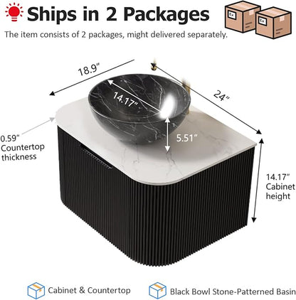 24" Floating Bathroom Vanity with Sink, Modern Bathroom Cabinet with Vessel Bowl Shape Marble Ceramic Basin and Top, Extra Large Storage Drawer, Soft-Close, Pre-Installed, Gloss Black