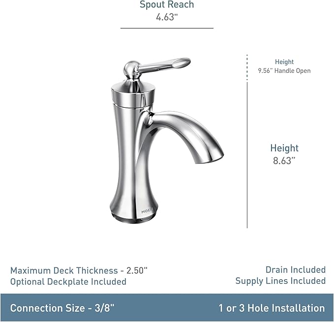 Moen Wynford Chrome One-Handle High-Arc Bathroom Faucet with Drain Assembly for One or Three Hole Setups, 4500