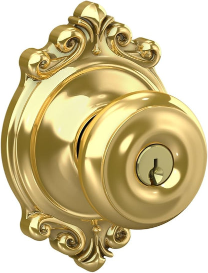 Schlage F51A GEO 605 BRK Georgian Knob with Brookshire Trim Keyed Entry Lock, Bright Brass