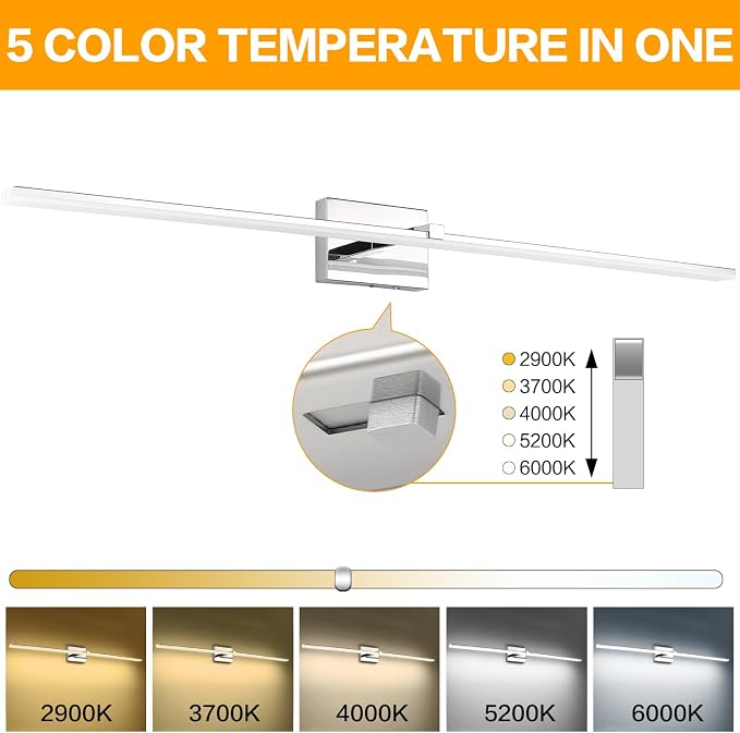 Modern Bathroom Vanity Light 48 inch 32W Dimmable 5CCT LED Bathroom Light Fixture Over Mirror Chrome Vanity Lights Bar for Bath