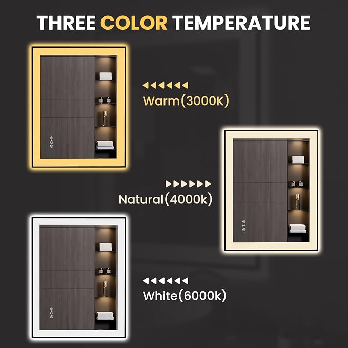 LOAAO 24"X36" LED Bathroom Mirror Black Framed | Anti-Fog, Dimmable, Memory Function, Tempered Glass, Lighted Vanity Mirror for Wall