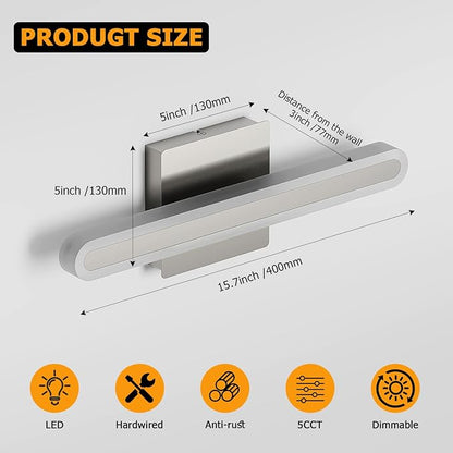 Modern Brushed Nickel Vanity Light for Bathroom 5CCT Dimmable LED Light Bar | 15.7 Inch 16W Hardwired Mirror Light, Adjustable Brightness, Modern Bathroom Lighting