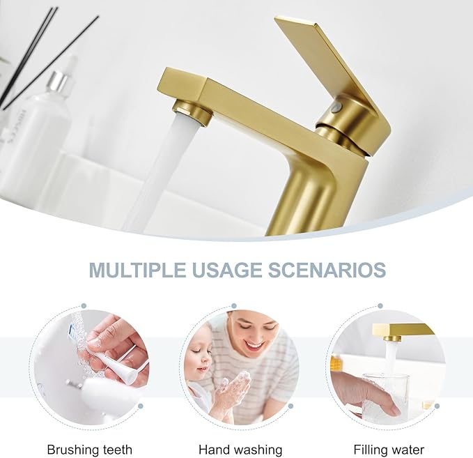 Light Gold Bathroom Faucet, Single Hole Vanity Sink Faucet with Metal Pop-Up Drain, Supply Lines & Deck Plate Fits 1 or 3 Hole, Brushed Finish