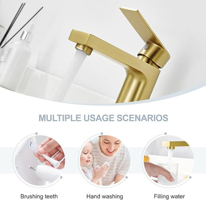 Light Gold Bathroom Faucet, Single Hole Vanity Sink Faucet with Metal Pop-Up Drain, Supply Lines & Deck Plate Fits 1 or 3 Hole, Brushed Finish