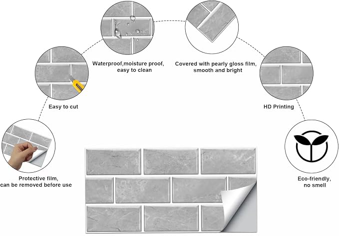 12-Sheet Grey Peel and Stick Wallpaper, Subway Tile 6''x12'' Self Adhesive Wall Tiles Waterproof PVC Stick on Backsplash Vinyl Decorative Tiles Stickers for Kitchen Bathroom