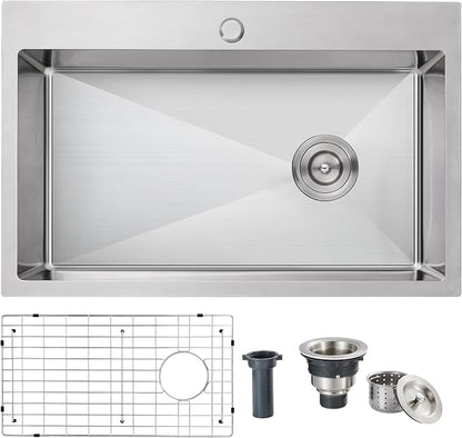 25x18 Inch Kitchen Sink, 304 Stainless Steel Drop in Sink | Right Offset Drain, 9" Deep Single Bowl Kitchen Sinks, Brushed(Inclued Bottom Grid & Drain Strainer )