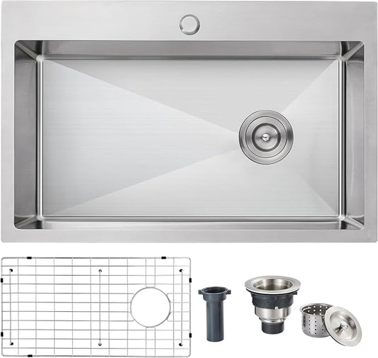 25x18 Inch Kitchen Sink, 304 Stainless Steel Drop in Sink | Right Offset Drain, 9" Deep Single Bowl Kitchen Sinks, Brushed(Inclued Bottom Grid & Drain Strainer )