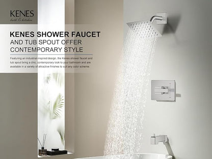 KENES Shower Set with Tub Faucet, Brushed Nickel Tub and Shower Trim Kit | Shower Faucet with 6-Inch Rain Shower Head, Square Shower System, Valve Included, Lead-Free cUPC & NSF Certified, Stainless