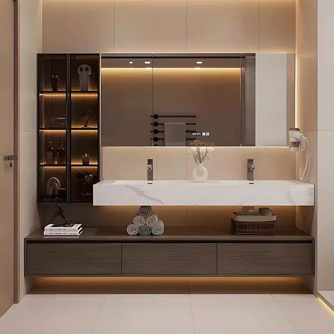 Bathroom Vanity, Floating Bathroom Sink Vanity, Modern Bathroom Vanities with Smart Defogging LED Mirror & Glass Side Cabinet, Wall Mounted Vanities for Restroom, Solid Wood (96in)