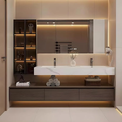 Bathroom Vanity, Floating Bathroom Sink Vanity, Modern Bathroom Vanities with Smart Defogging LED Mirror & Glass Side Cabinet, Wall Mounted Vanities for Restroom, Solid Wood (64in)