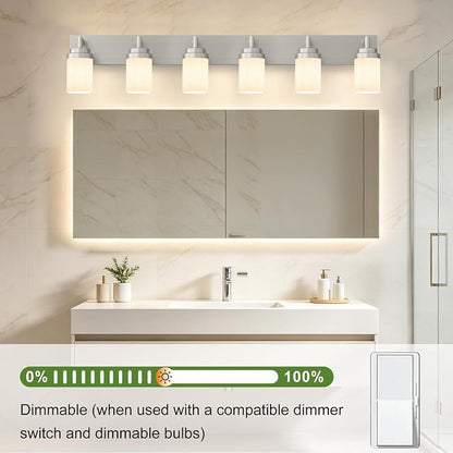 Bathroom Light Fixtures, Brushed Nickel Bathroom Lighting Fixtures Over Mirror, Modern Vanity Light with White Glass Shade, Restroom Lighting Fixtures, 6-Light 46-inch