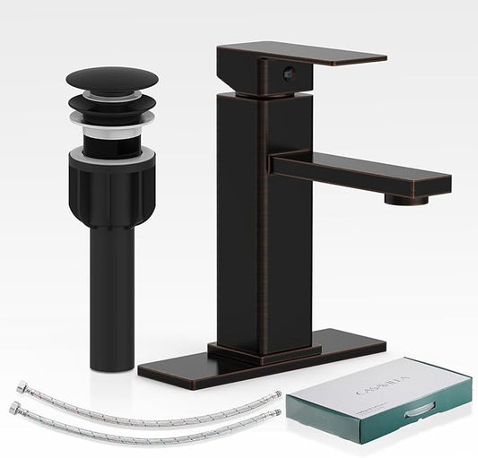 Bathroom Sink Faucet, Oil Rubbed Bronze Bathroom Sink Faucets & Parts(Pop-up Drain+6" Escutcheon Plate+Supply Hoses), Single Handle for Modern Farmhouse RV Sink