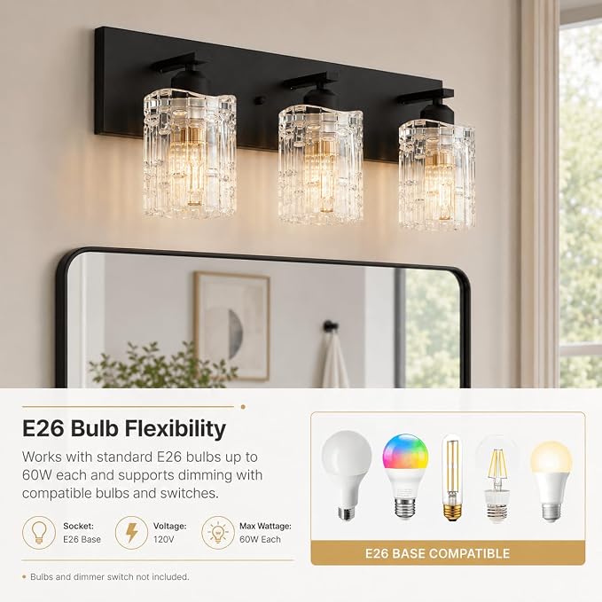 3 Lights Matte Black Crystal Bathroom Vanity Light,Modern Bathroom Wall Light,Crystal Over Mirror Light Fixtures for Living Room, Bedroom, Hallway