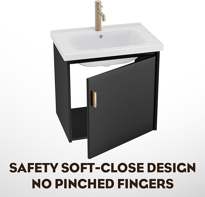 phiestina 20 Inch Floating Small Bathroom Vanity, Pre-Assembled Wall Mounted Black Cabinet with Soft-Close Door,Single Hole Ceramic Sink, Modern Space-Saving Design, No Faucet,BV04-20-PUREBLACK