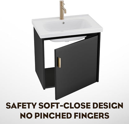 phiestina 20 Inch Floating Small Bathroom Vanity, Pre-Assembled Wall Mounted Black Cabinet with Soft-Close Door,Single Hole Ceramic Sink, Modern Space-Saving Design, No Faucet,BV04-20-PUREBLACK