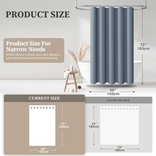 60x72 Linen Textured Waterproof Fabric Shower Curtain Set, Blue Grey | Narrow Size, 230GSM Polyester, Heavy Duty Cloth, Weighted Hem, 10 Plastic Hooks, Modern Luxury Hotel Style, Machine Washable