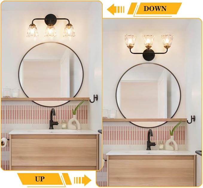 Vintage 3 Light Vanity Light, Black and Gold Bathroom Vanity Light, Bathroom Light Fixtures with Glass Shade, Antique Vanity Light Fixtures Over Mirror, Wall Sconce for Bedroom, Living Room