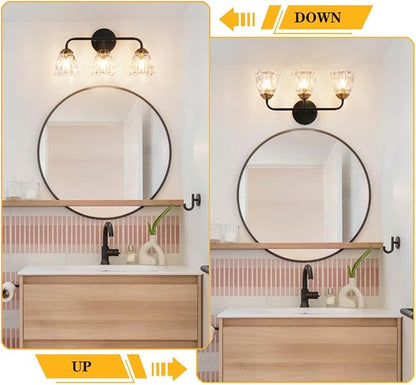 Vintage 3 Light Vanity Light, Black and Gold Bathroom Vanity Light, Bathroom Light Fixtures with Glass Shade, Antique Vanity Light Fixtures Over Mirror, Wall Sconce for Bedroom, Living Room