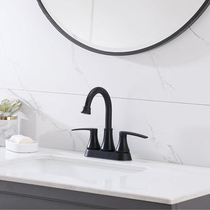 Lead-Free Matte Black Bathroom Sink Faucet, 2 Handle 4 Inch Centerset Faucet, Modern 360° Swivel High-Arc Spout Bath Lavatory Vanity Faucets for Sinks with Drain & Water Hoses, VALZST049B