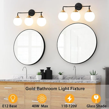Black Gold Bathroom Light Fixtures Over Mirror Vanity 3-Light | Mid Century Modern Matte Black Gold Wall Sconce with Milky White Glass Ball Shades for for Bathroom Dressing Table Bedroom