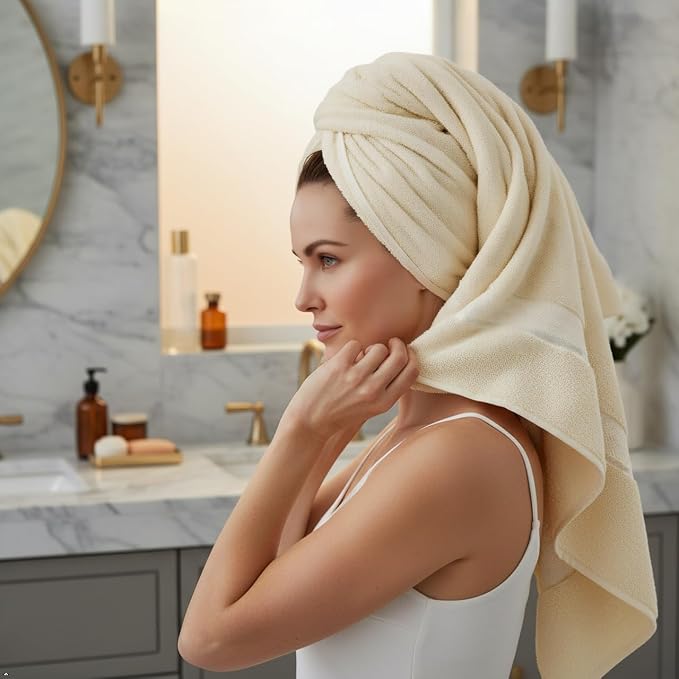 6 Piece 100% Cotton Bath Towel Set -2 Bath 2 Hand 2 Face, Cream | 100% Cotton • Thick & Plush • Hotel Quality • Ultra Soft • Highly Absorbent • Quick Dry • Low Lint • Machine Washable