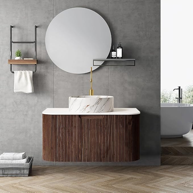 LKTART 30 Inch Floating Bathroom Vanity with Sink, Modern Wall Mounted Bathroom Storage Cabinet with Drawer, Stone Pattern Round White Ceramic Sink Top and Marble Texture Top, Walnut