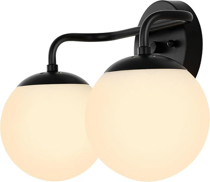 JONATHAN Y 15" Black Modern Globe Wall Sconce Vanity Light for Bathroom, White Frosted Glass Shade, Midcentury Parisian Bistro Wall Lamp, LED Bulb Included (JYL3535B)