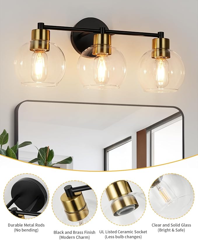 WILON Modern Bathroom Light Fixtures Over Mirror, 3-Light Bathroom Vanity Light, Black and Gold Vanity Light Fixture, Wall Lamp with Globe Clear Glass Shades