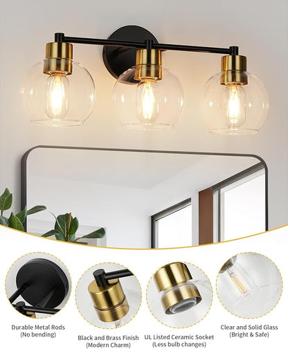 WILON Modern Bathroom Light Fixtures Over Mirror, 3-Light Bathroom Vanity Light, Black and Gold Vanity Light Fixture, Wall Lamp with Globe Clear Glass Shades
