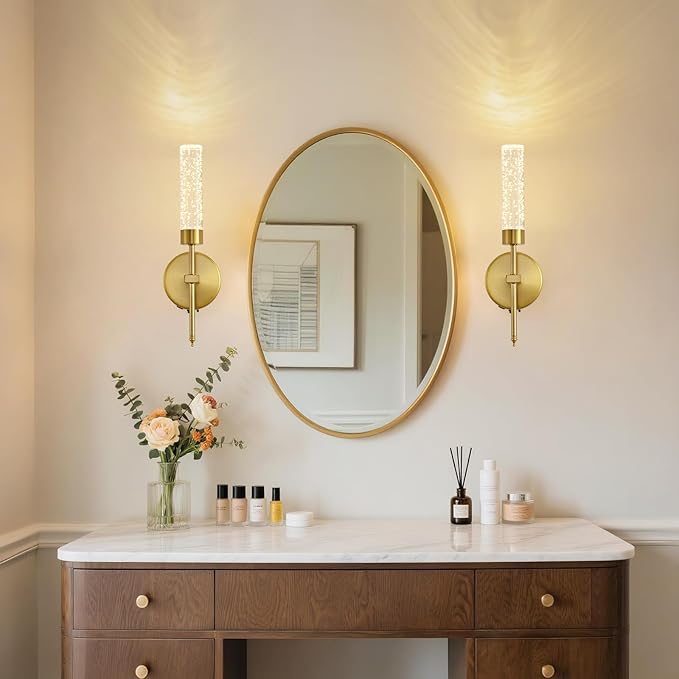 Gold Crystal Battery Operated Wall Sconce, Luxury Wireless LED Wall Sconces Set of 2 with Remote 3CCT Dimmable Timer, USB Rechargeable Cordless Wall Lights for Living Room Bedroom Bathroom Hallway