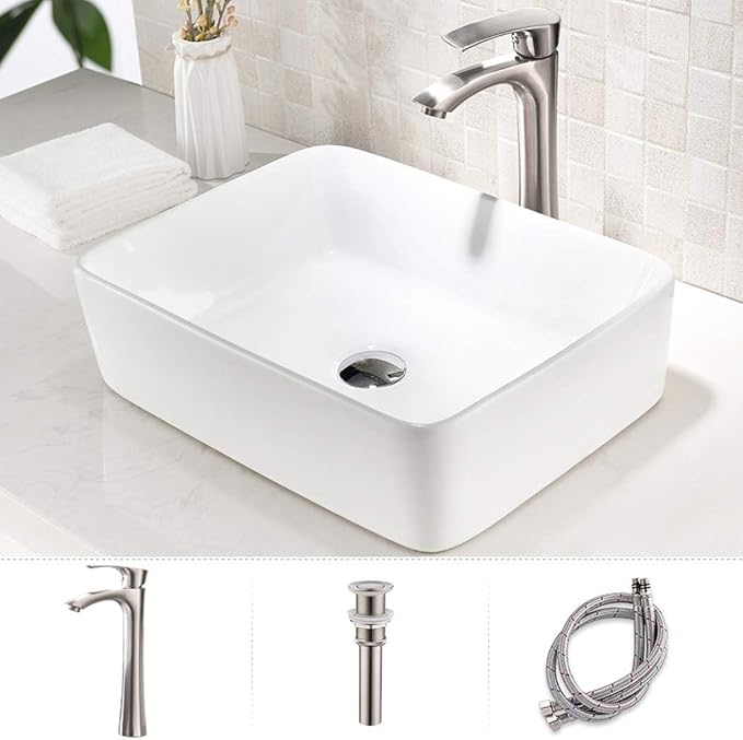 19 Inch White Vessel Sink with Faucet and Drain Combo,19x15 Bathroom Sink Rectangular Above Counter Porcelain Ceramic Bathroom White Toilet Sink Hand Wash Vessel Vanity Sink Art Basin