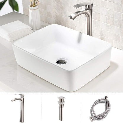 19 Inch White Vessel Sink with Faucet and Drain Combo,19x15 Bathroom Sink Rectangular Above Counter Porcelain Ceramic Bathroom White Toilet Sink Hand Wash Vessel Vanity Sink Art Basin