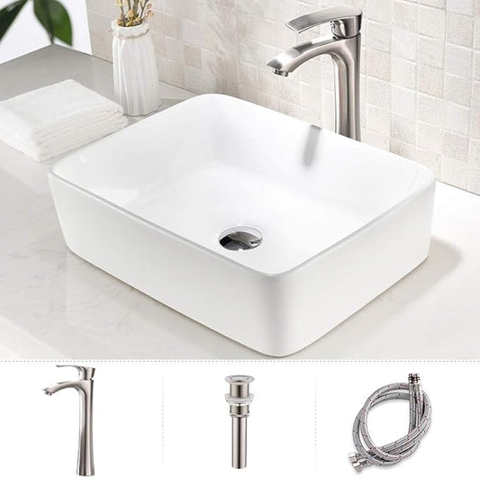 19 Inch White Vessel Sink with Faucet and Drain Combo,19x15 Bathroom Sink Rectangular Above Counter Porcelain Ceramic Bathroom White Toilet Sink Hand Wash Vessel Vanity Sink Art Basin
