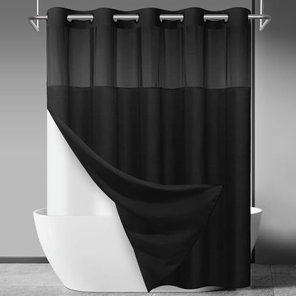 SORTTO No Hook Slub Shower Curtain with Liner, 71x80, Black | Snap in Liner, 3 in 1, Bamboo Texture, Hotel Style, Waterproof Fabric, Mesh Top Window, Corner Magnets, Machine Washable